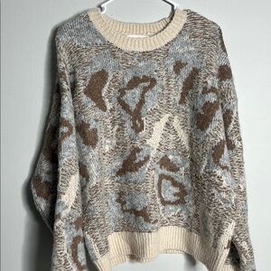 Abstract Pattern Crew Neck Sweater in Cream and Brown